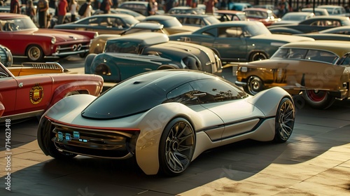 A futuristic self-driving car parked amidst a sea of classic vehicles  illustrating the coexistence of past and future in transportation.