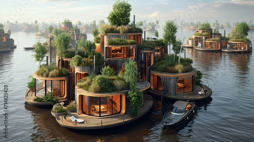 A floating city on the water, composed of modular and sustainable houseboats, creating a unique and adaptable living space. photo