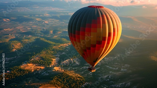 A majestic hot air balloon journey over picturesque landscapes, offering a serene and unhurried mode of travel. photo