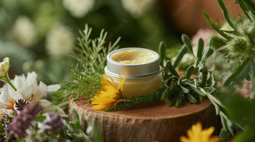 a jar of cream sitting on top of a piece of wood next to a bunch of wildflowers and a bunch of green leaves on the side of a piece of wood. a jar of cream sitting on top of a piece of wood next to a bunch of wildflowers and a bunch of green leaves on the side of a piece of wood.