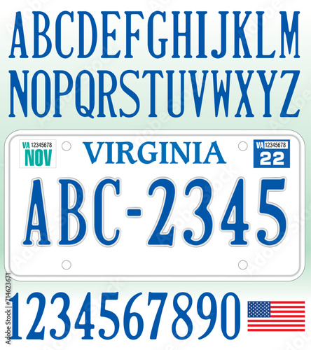Virginia car license plate pattern, letters, numbers and symbols, vector illustration, USA, United States photo