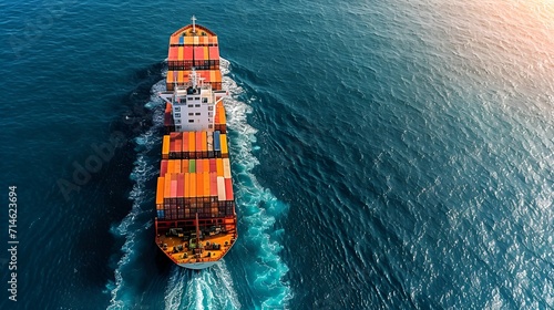 A cargo ship navigating through a vast ocean, symbolizing the global network of trade and the scale of maritime transportation.