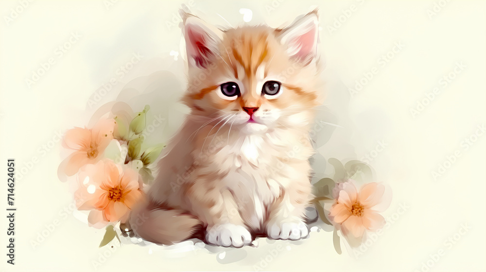 Kitten, watercolor floral graphics, cute kitten in spring delicate colors.