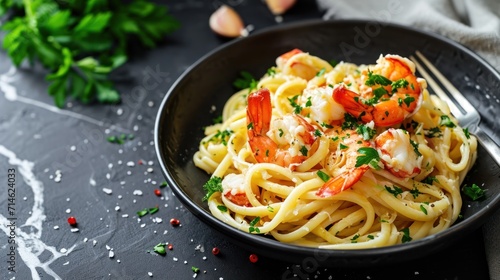  a bowl of pasta with shrimp, parsley and parsley on a black surface with garlic and parsley sprinkled around the bowl and a fork on the side.