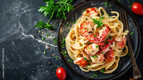  a plate of pasta with lobster and parsley garnished with parsley on a black plate with a fork and parsley garnish on the side.