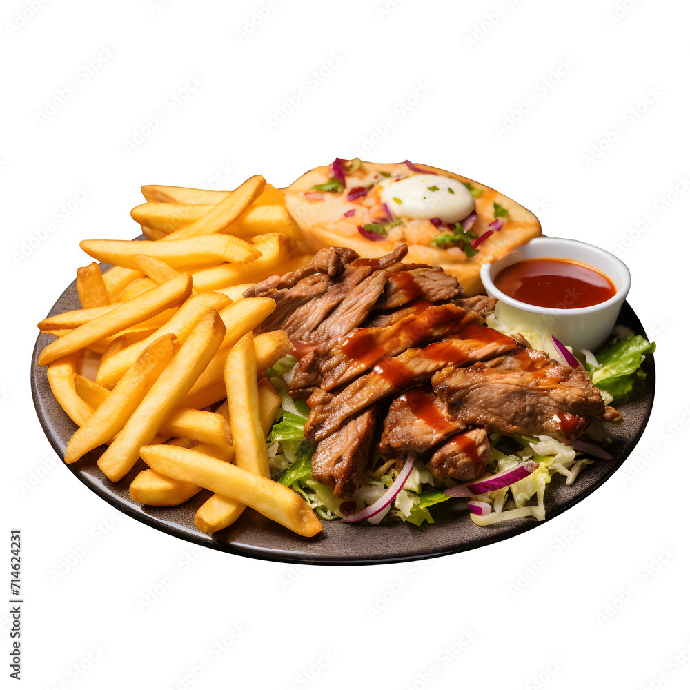 Wild steak with braised onions, French fries and a small salad on png background.