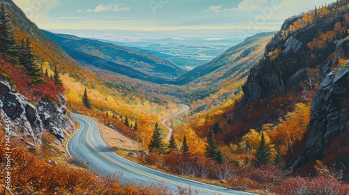  a painting of a road going through a valley with mountains in the background and trees on both sides of the road, with yellow and orange leaves on both sides of the road.