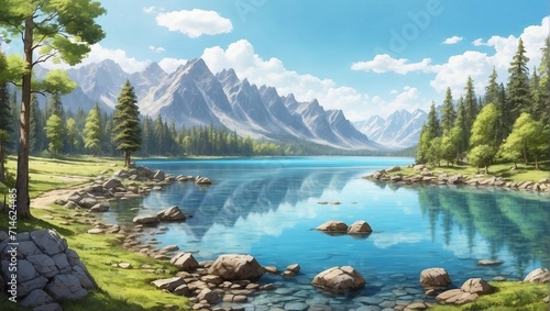 photo of a lake view with clear blue water in the middle of the forest made by AI generative © M.Taufiq