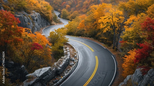  a winding road surrounded by trees with yellow and red leaves on both sides of the road is surrounded by rocks and trees with orange and yellow leaves on both sides of the road.