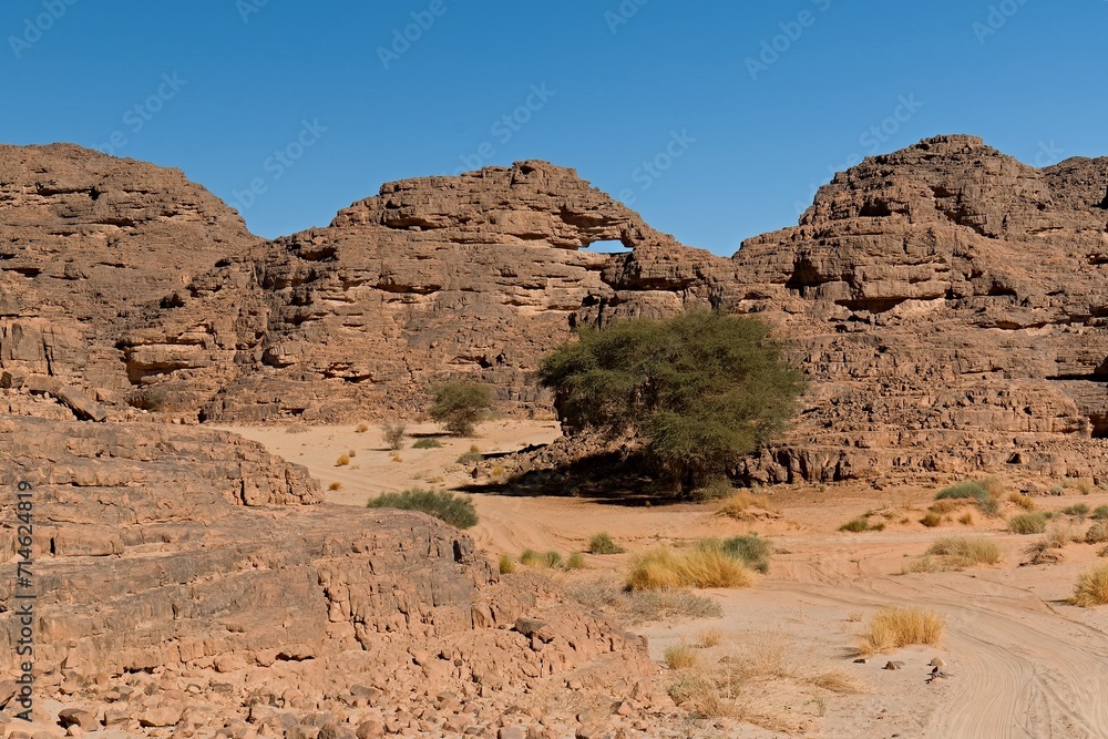 Rock formations in the tourist area of Immourouden, near the town of Djanet. Tassili n Ajjer National Park. Sahara desert. Algeria. Africa. Rock formations in the tourist area of Immourouden, near the town of Djanet. Tassili n Ajjer National Park. Sahara desert. Algeria. Africa.