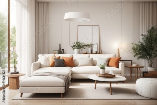 Interior home design of modern living room with white sofa and white furniture with houseplants