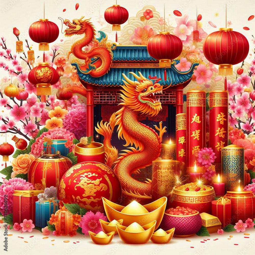 Happy chinese new year 2024 year of dragon vector illustration background poster generated ai Happy chinese new year 2024 year of dragon vector illustration background poster generated ai