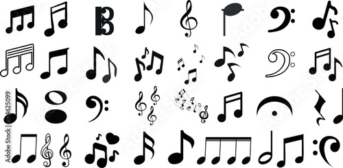 Vector of musical notes, black icons isolated on white. Perfect for music sheets, compositions, symphony, melody representation. Editable, scalable symbols for digital, print use