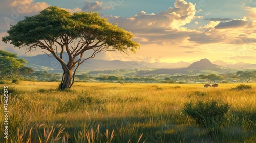  a painting of a grassy field with a tree in the foreground and a mountain range in the distance in the distance  with a few clouds in the sky.