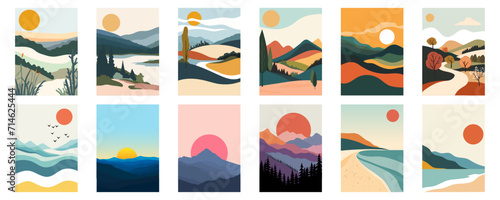 Set of abstract landscapes banners collection. Beautiful landscapes in flat style with various types of mountains, forests, hills, beaches, desert, meadows and fields for design.