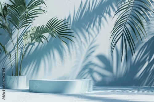 Abstract blue background with white podiums and tropical palm leaves with shadows