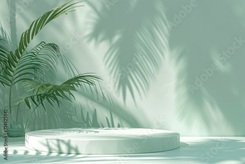 Abstract light green background with podium and tropical palm leaves with shadows © DK_2020