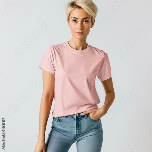 Pink T-shirt Mockup, Woman, Girl, Female, Model, Wearing a Pink Tee Shirt and Blue Jeans, Oversized Blank Shirt Template, White Background, Close-up View