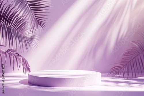 Abstract purple background with podium and tropical palm leaves with shadows