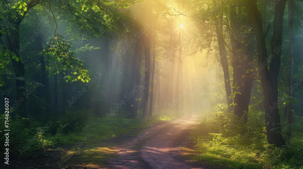 Fototapeta premium a dirt road in the middle of a forest with a bright light coming through the trees on the other side of the road is a dirt road in the foreground.