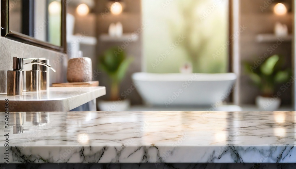 empty marble table top with blurred bathroom interior background