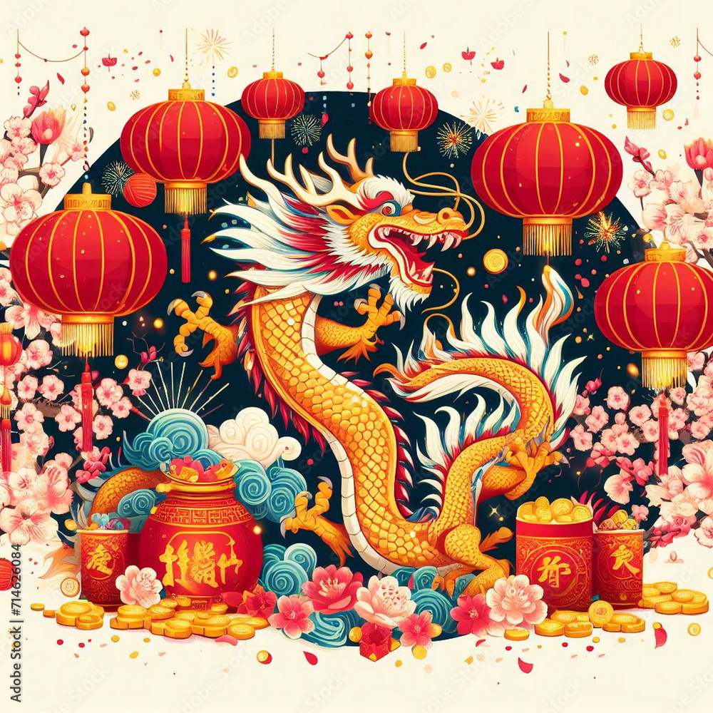 Happy chinese new year 2024 year of dragon vector illustration background poster generated ai