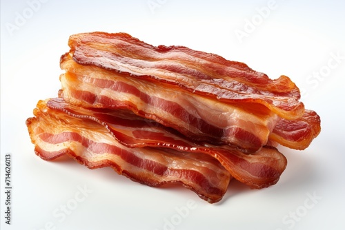 Tempting and mouthwatering crispy bacon strips isolated on a clean white background