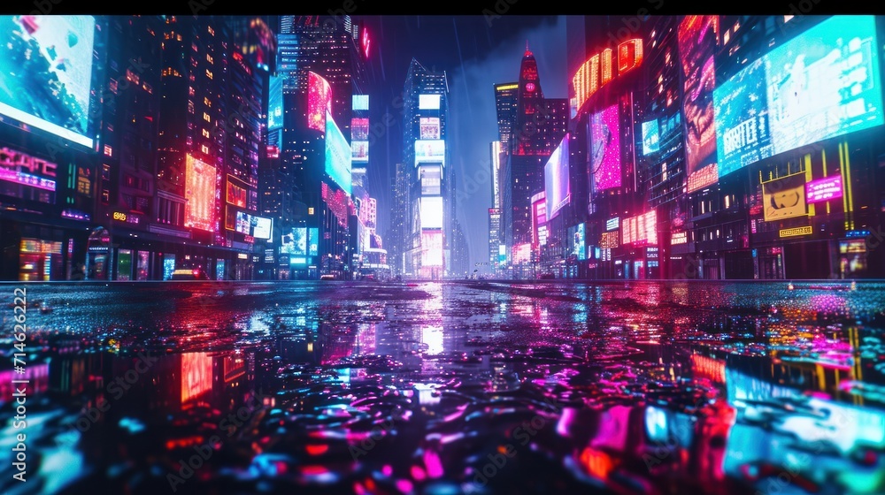 3D Rendering of neon mega city with light reflection from puddles on street heading toward buildings. Concept for night life, business district center (CBD)Cyber punk theme, tech background