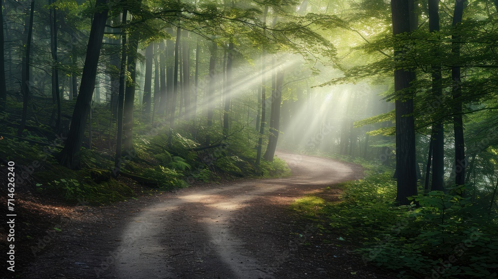 Obraz premium a dirt road in the middle of a forest with sunbeams shining through the trees on the other side of the road is a dirt road that runs through the woods.