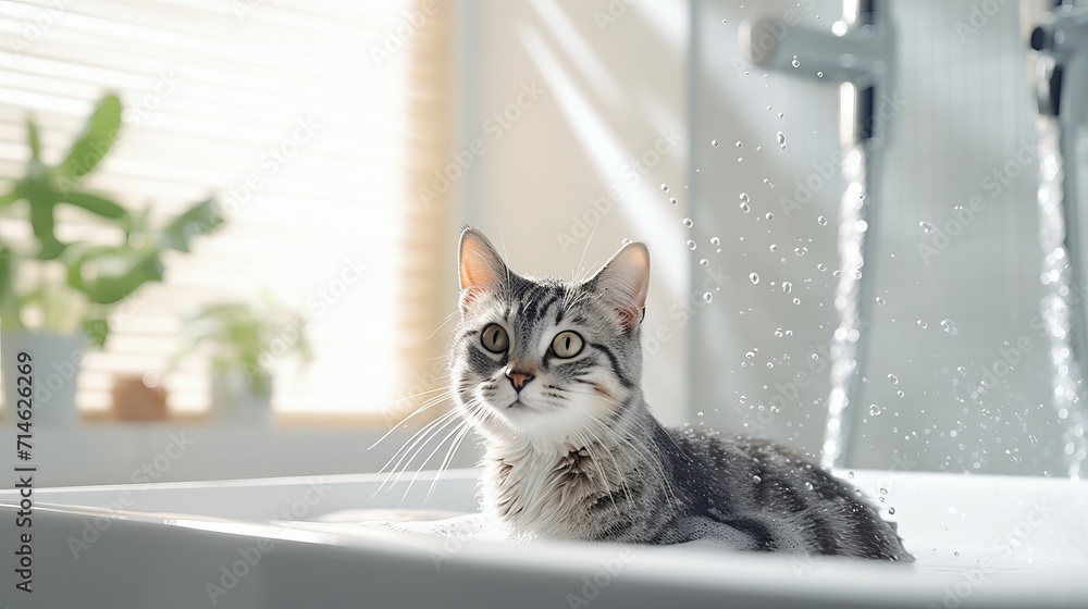 Woman shampooing tabby cat in grooming salon, funny wet cat bathed by girl - obrazy, fototapety, plakaty 
