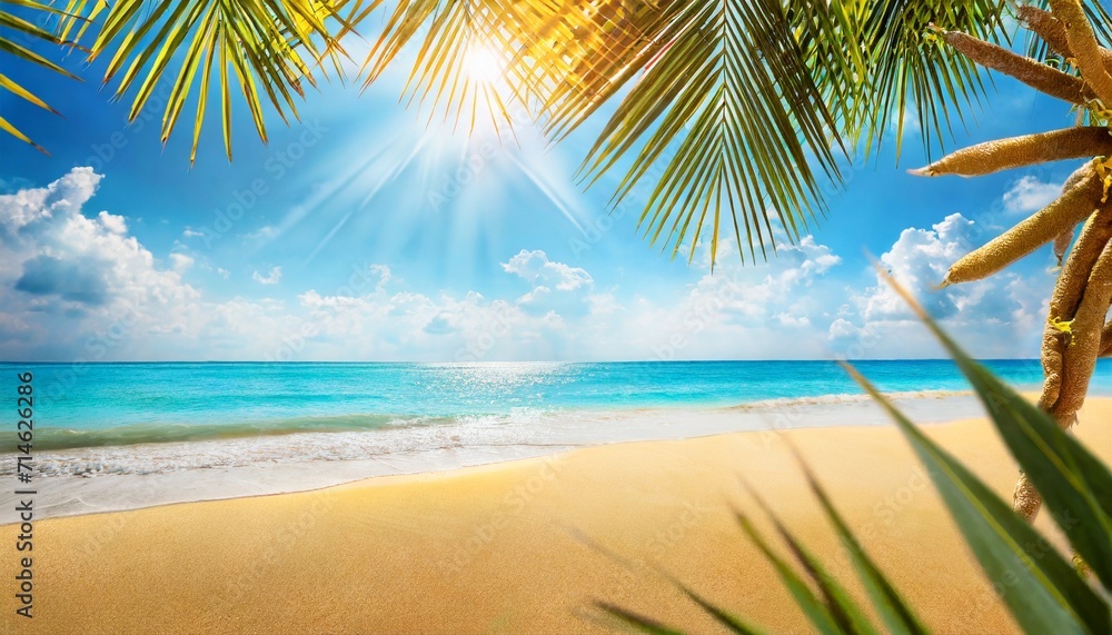 summer background with frame nature of tropical golden beach with rays of sun light and leaf palm golden sand beach close up sea blue sky white clouds copy space summer vacation concept