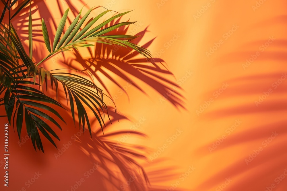 Bright orange background with tropical leaves and shadows for product presentation