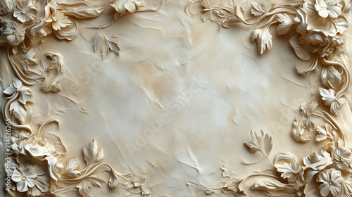 Background, antique plaster, stucco, molded floral composition in the form of a baroque frame on the wall  © Nataliia