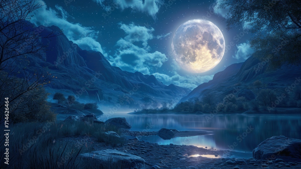  a painting of a night scene with a full moon in the sky and a lake in the foreground with a mountain range in the foreground and a body of water in the foreground.