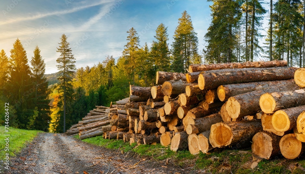 forest pine and spruce trees log trunks pile the logging timber wood industry wide banner or panorama wooden trunks