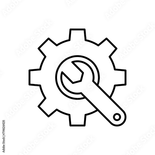 Fototapeta Naklejka Na Ścianę i Meble -  Gear with wrench icon, Maintenance service tool symbol, Setting and repair sign, Line design, Isolated on white background, Vector illustration