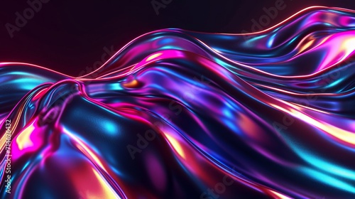 Abstract fluid iridescent holographic neon curved wave in motion colorful background 3d render. Gradient design element for backgrounds, banners, wallpapers, posters and covers photo
