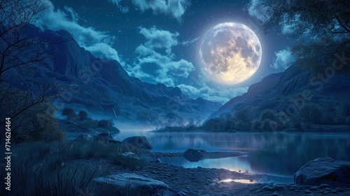  a painting of a night scene with a full moon in the sky and a lake in the foreground with a mountain range in the foreground and a body of water in the foreground.