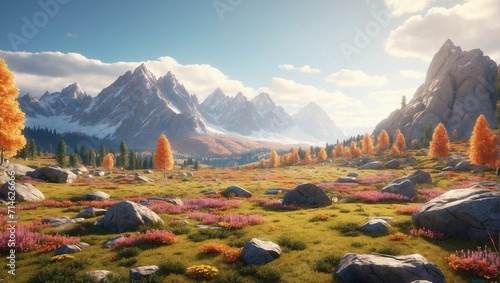 photo of meadow landscape during autumn with beautiful mountain background made by AI generative