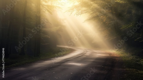  a road in the middle of a forest with sunbeams shining through the trees on either side of the road is a dirt road with a light shining through the trees on the other side.