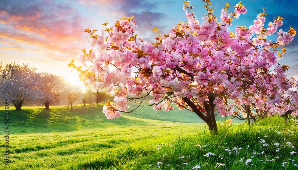 pink cherry tree blossom flowers blooming in a green grass meadow on a spring easter sunrise background pink cherry tree blossom flowers blooming in a green grass meadow on a spring easter sunrise background