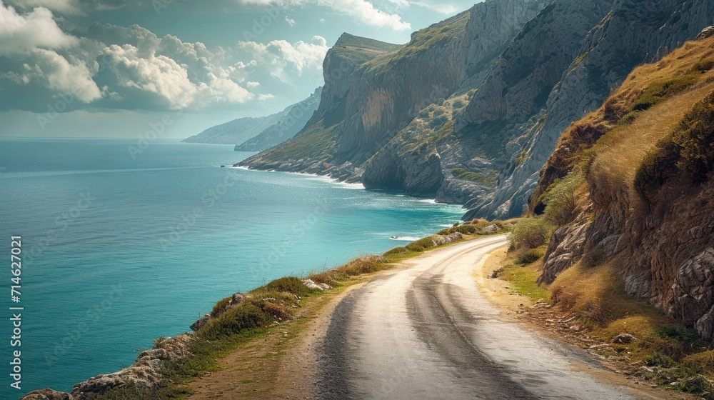  a dirt road on the side of a mountain next to a body of water with a cliff on the side and a body of water on the other side of the road.