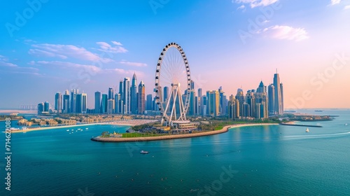 Bluewaters island and Ain Dubai ferris wheel on in Dubai, United Arab Emirates with JBR beach and Dubai marina aerial skyline cityscape view