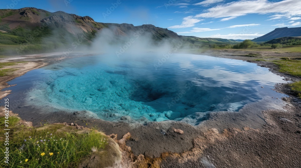  a pool of water with steam rising from it in the middle of a grassy area with mountains in the background and a blue body of water in the foreground.