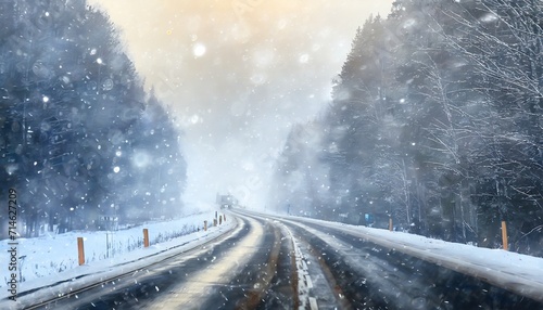 winter highway snowfall background fog poor visibility © Heaven