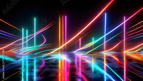 3d render abstract background of dynamic neon lines glowing in the dark floor reflection