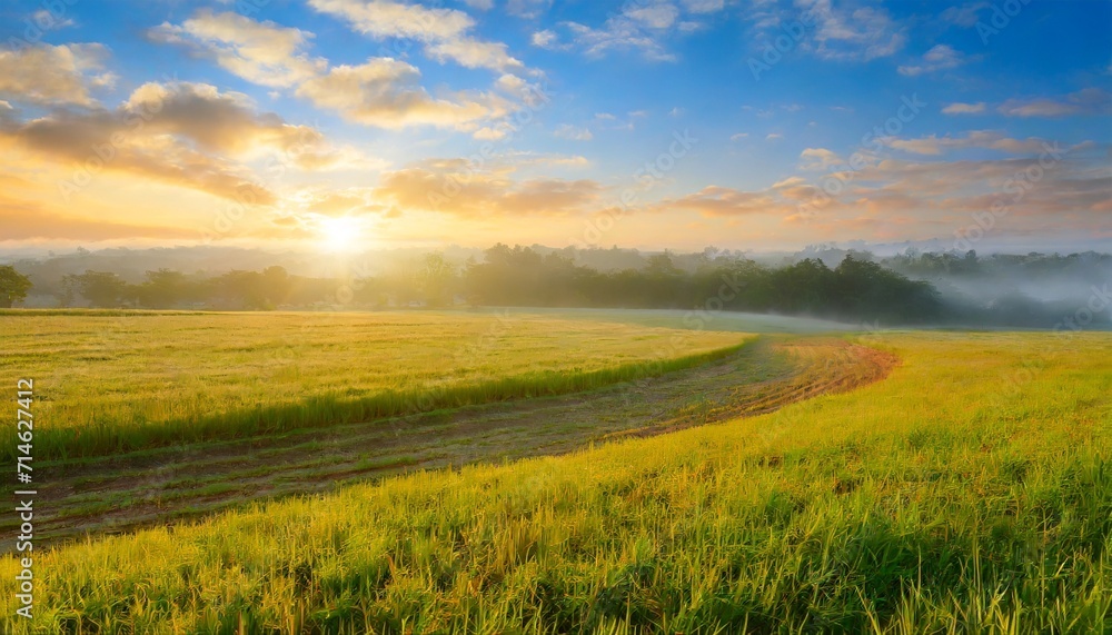 field sunrise and blue sky