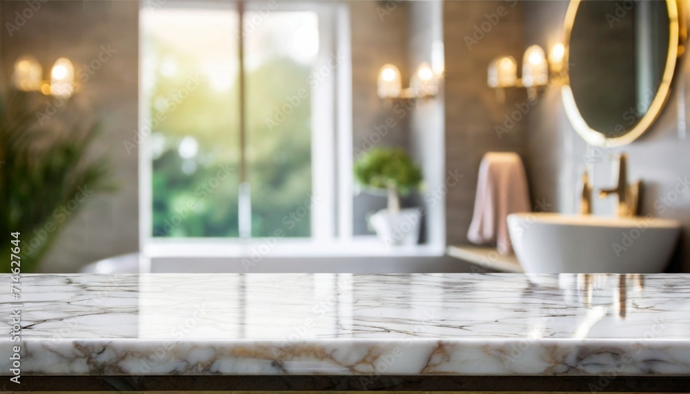Fototapeta premium empty marble table top with blurred bathroom interior background