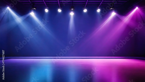 neon dark stage shows empty room neon light spotlights dark blue purple pink background dance floor for product display in studio backdrop for photo shooting 