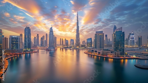 Dubai city center - amazing city skyline with luxury skyscrapers at sunrise, United Arab Emirates photo